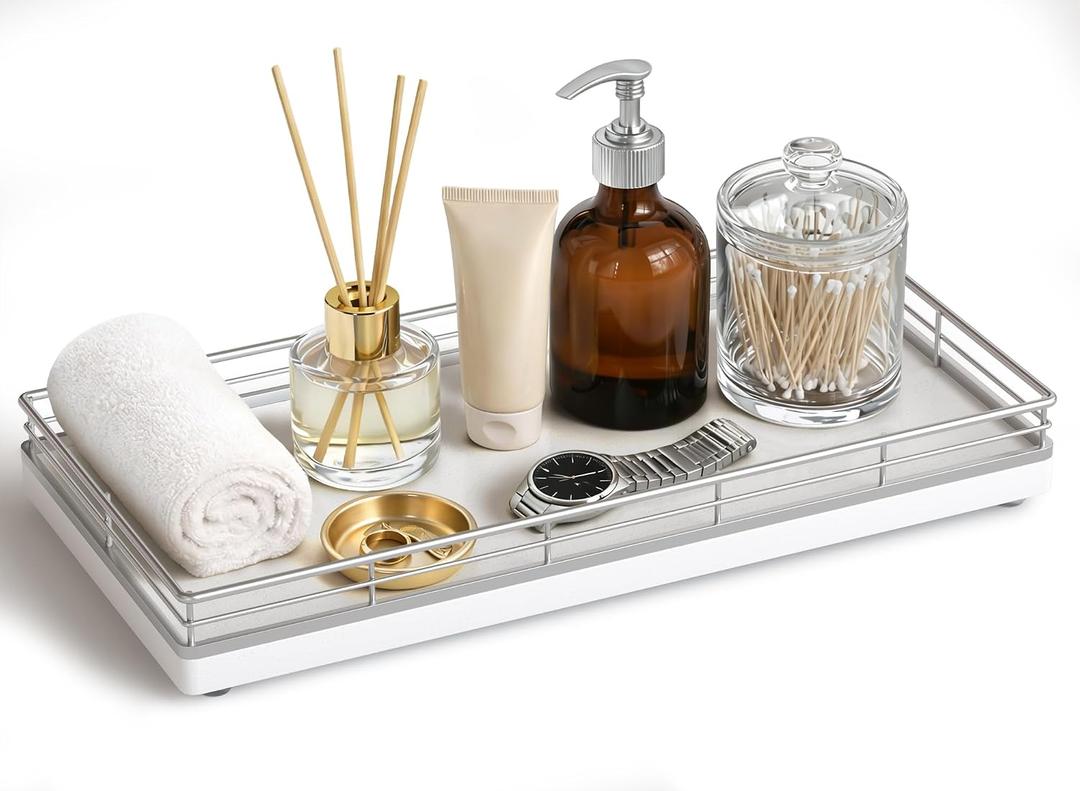 Bathroom Vanity Tray for Countertop, 12" x 6" Oak Wood Toilet Tank Tray with Metal Guardrail, Bathroom Organizer for Soap, Perfume & Skincare, Non-Slip Decorative Tray for Dresser, Sliver & White