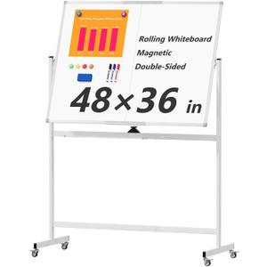 Large Rolling Whiteboard on Wheels, 48" x 36" Double-Sided Mobile White Board with Stand, 4' x 3' Portable Standing Magnetic Dry Erase Board Easel for Home Office Classroom School, Silver