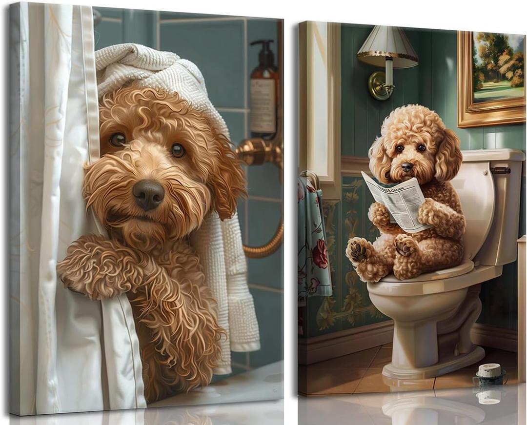libitea 2 Pcs Funny Animal Bathroom Canvas Wall Art Cute Dog Reading Newspaper and Taking Bath on Toilet Art Print Humorous Bathroom Animal Painting Wall Decor for Dog Lovers Home Decoration, Size: 24"L x 16"W