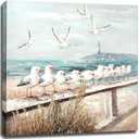 Bathroom Decor Blue Beach Wall Art Ocean Picture Canvas Print Vintage Coastal Painting Framed Sea Birds Artwork for Bedroom Office Decoration 20"x20"