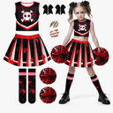RUODON 9 Pieces Girls Halloween Cheerleader Costume Zombie Fearleader Costume Set Includes Top Skirt Socks Pompom Sticker Bow Size 10-12 years