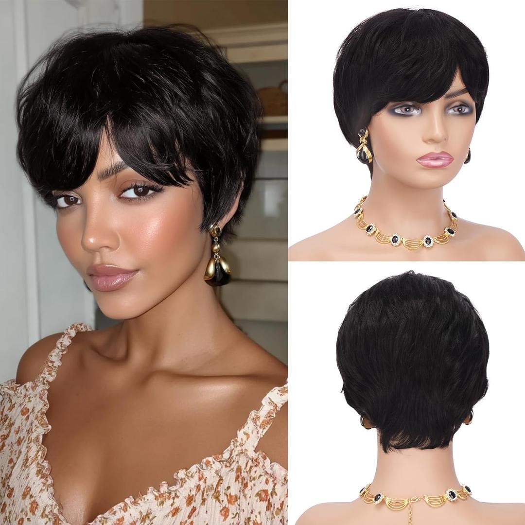 Pixie Cut Wig Human Hair Short Pixie Wigs with Bangs for Black Women Natural Glueless Short Wig None-Lace Front Layered Straight Pixie Cut Wig - Natural Black