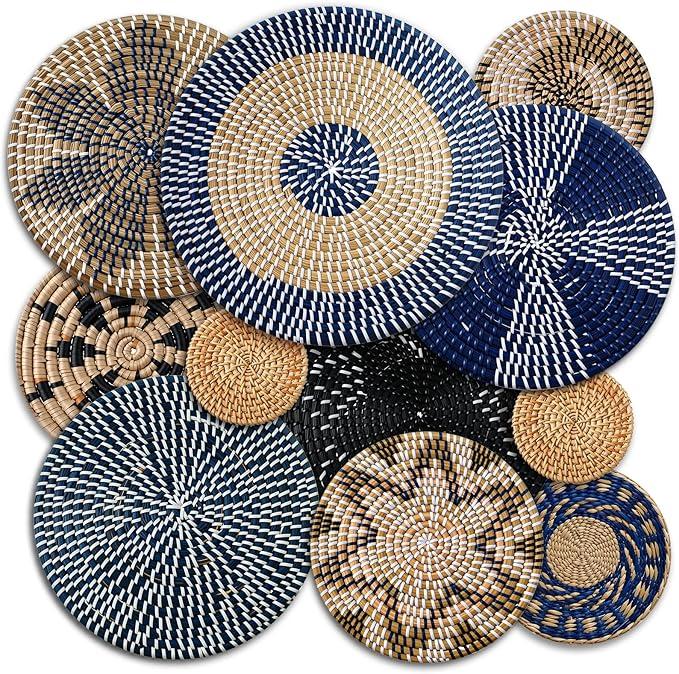 Tatuo 11 Pcs Boho Wall Basket Decor Decorative Bulrush Woven Basket Wall Decor Art Round Farmhouse Hanging Baskets for Kitchen Rustic Home Summer Decorations, Multi Sizes (Blue)