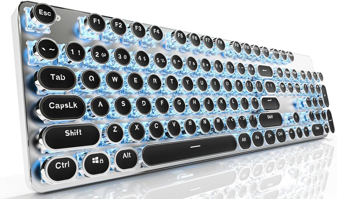 EWEADN TK950 Wireless Mechanical Typewriter Keyboard, 104 Keys with Blue Backlit, Anti-Ghosting, Blue Switch Bluetooth/2.4GHz/Wired - Black