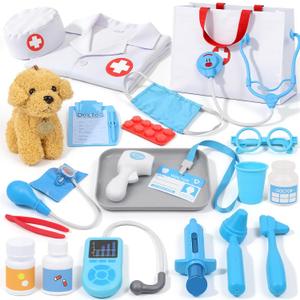 Doctor Kit for Toddlers 3-5 - Pretend Play Vet Set Toys for Boys Girls | Medical Kit with Dog, Bag, Costume, Stethoscope, Birthday Gifts for Kids, Child-size