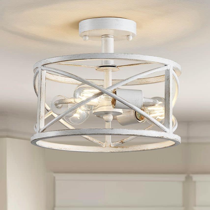 Chandelier 3-Light Vintage Farmhouse Industrial Semi-Flush Mount Ceiling Light Lighting Fixture for Foyer Bedroom Hallway Storage Room Kitchen Bathroom, H 9.4" x W 12", E26 Base, Antique White