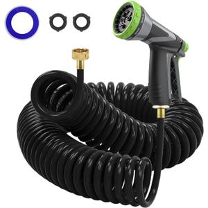 Coil Hose,3/8" EVA Coil Garden Hose 50 FT,Curly Water Hose Lightweight with Brass Connectors,Recoil Garden Hose Includes 8-Pattern Spray Nozzle for Boat, Yard, Patio, Green (Black)