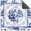 Blue and White Chinoiserie Pavilion Mahjong Mat with Rules for Table 31.5x31.5, Traditional Chinese Non-Slip Noise Reduction Mahjong Table Mat for Poker Board Games Card Games Dominoes