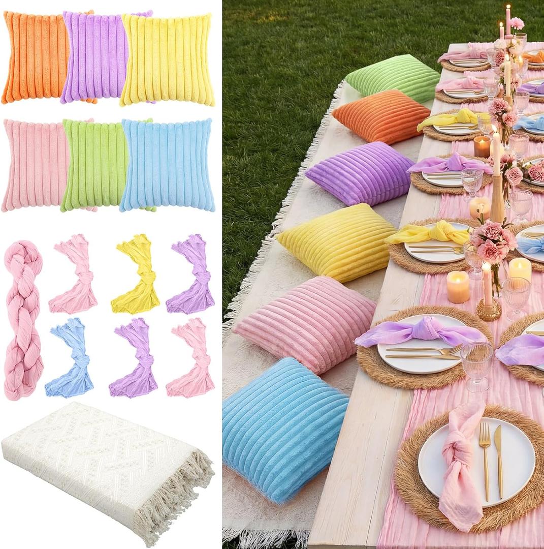 Beeveer 91 x 71 Extra Large Outdoor Boho Picnic Blanket with Pastel Table Runner, 6 Throw Pillow Covers 6 Napkins Woven Cotton Yarn Oversize Beach Blanket Washable Picnic Camp Wedding