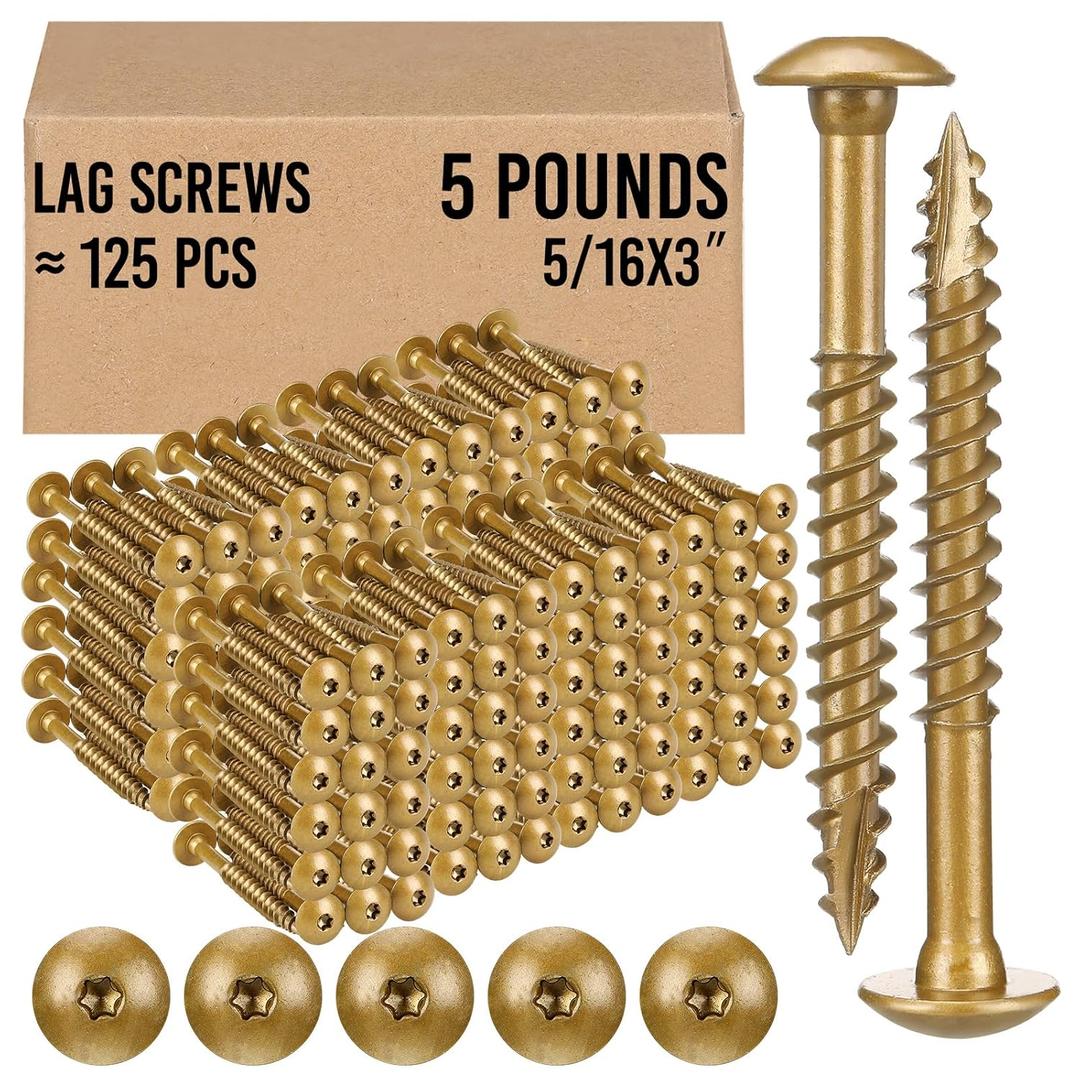 Yaocom 125 Pcs 5/16" x 3" Deck Screws Star Drive Construction Lag Screws 5lb Gold Ceramic Coated Bronze Rust Resistant for Outdoor Wood Fence Projects Stairs