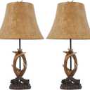 Rustic Western Antler Set of 2-22.9" Farmhouse Table Lamp with 2 USB Ports, Rustic Nightstand Lamp for Home Room Decor Living Room Bedroom