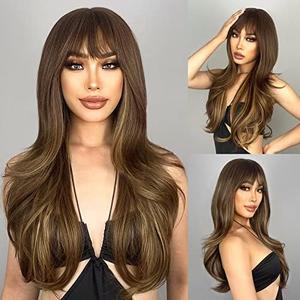 N NAYASA Brown Wigs with Bangs Long Layered Wigs for Women Brown Mixed Blonde Synthetic Wig Heat Resistant Natural Looking Wigs for Daily Party Use, Brown Mixed Blonde