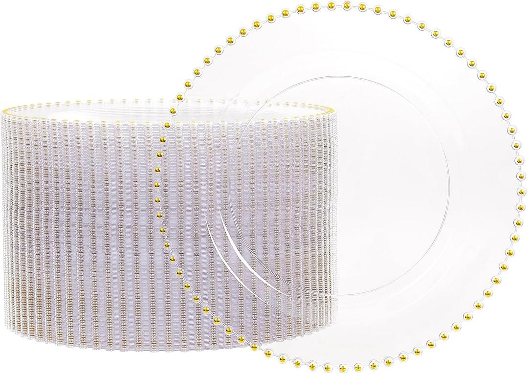 supernal 100 Pieces Clear Plastic Plates, 10 Inch Elegant Disposable Plates with Gold Rim, Heavy Duty Plastic Dinner Plates for Party, Wedding and Birthday