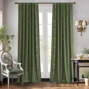 RYB HOME Striped Velvet Curtains, Luxury Classical Room Vintage Darkening Thermal Insulated Silky Soft Floral Curtains for Living Room Bedroom, 52" Width x 84" Length, Green, 2 Panels