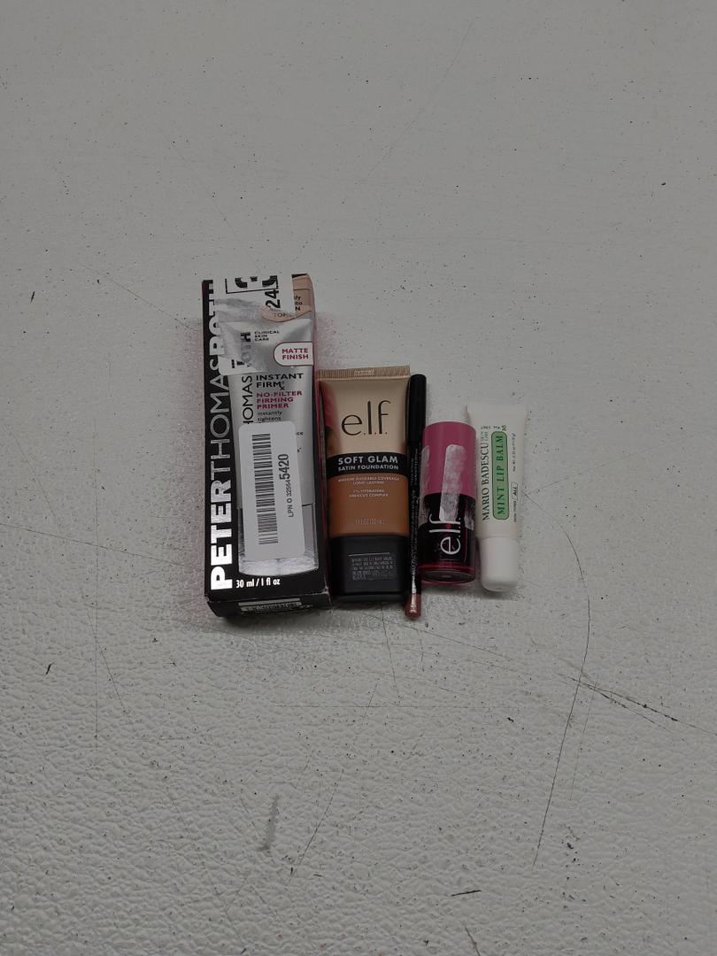 Peter Thomas Roth | Instant FIRMx® No-Filter Primer, Instant Skin Tightener; e.l.f. Soft Glam Foundation; Lip Pencil Nude PINK; e.l.f. Sheer For It Blush Tint; Mario Badescu Moisturizing Lip Balm for Dry Cracked Lips