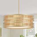 5-Light Rattan Drum Chandelier 19.7'' Boho Gold Pendant Light | Modern Hanging Light Fixture for Dining Room Kitchen Island Bedroom Hallway