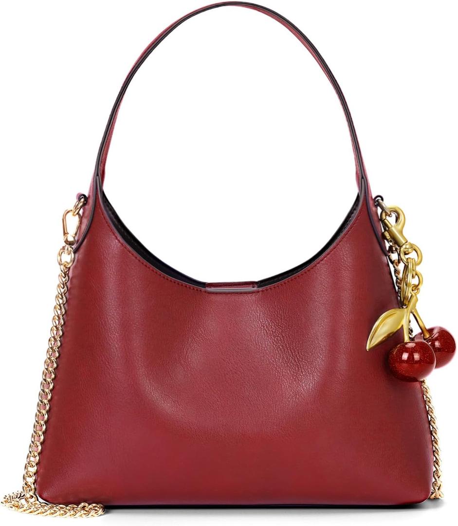 Small Hobo Bags for Women Cherry Shoulder Bag Purse Faux Leather Tote Handbag Trendy Chain Crossbody Bag (Red)