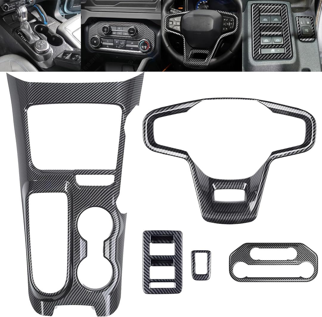5Pcs Interior Trim Kit for Ford Bronco 2021-2024 Carbon Fiber Printing Gear Shift Panel Trim Cover,Steering Wheel Panel Cover,Air Conditioning Trim Cover,Window Lift Switch Trim(Not for Sport)