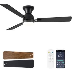 Ceiling Fans with Lights, 52 inch Low Profile Ceiling Fan with Light and Remote Control, Flush Mount, Reversible, 3CCT, Dimmable LED, Noiseless, Black Ceiling Fan for Bedroom, Living Room