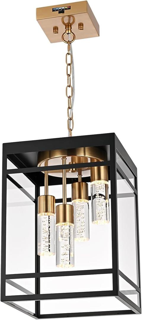 Outdoor LED Pendant Light Fixtures for Porch,4 Lights 5CCT Large Hanging Pendant Lantern,Black Brass LED Integrated Bulbs Modern Outdoor Pendant Lights, Exterior Chandelier for Patio,Foyer