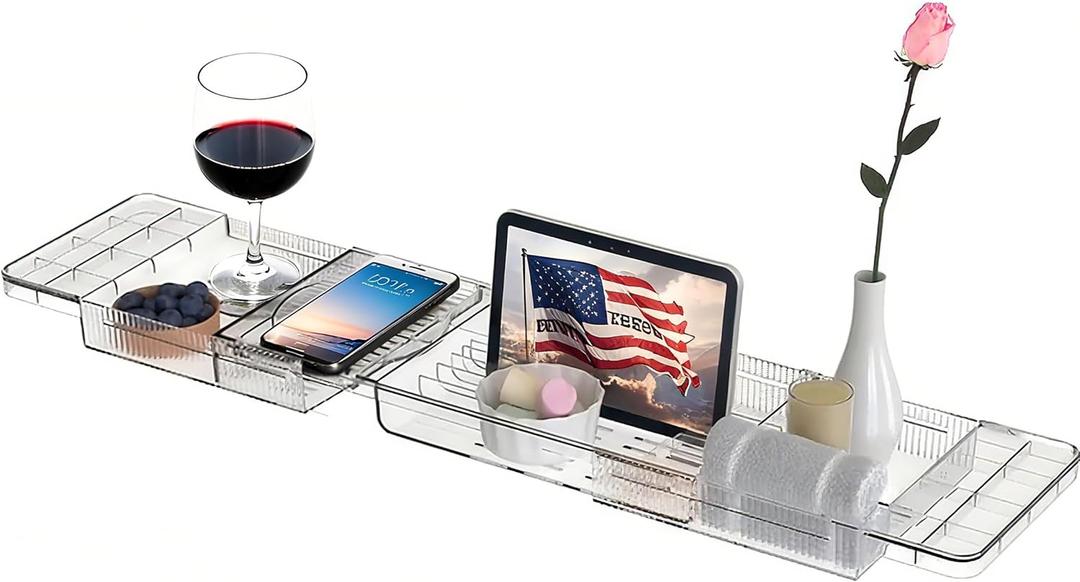 Expandable Bathtub Tray, Clear Plastic Anti-Slip Bath Tub Shelf Caddy Tray, Luxury Bathtub & Bathroom Accessories for Relaxing Spa, Suitable for bathtubs with an Internal Width of up to 28.7 inch