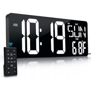 Large Digital Wall Clock with Remote Control 17.2" LED Large Display Timer with Temperature Date Week Auto DST Adjustable Brightness, Big Wall Alarm Clock for Living Room Office Garage Gym Seniors
