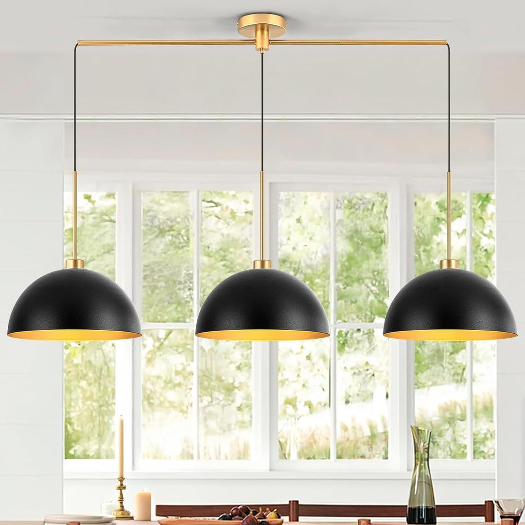 Farmhouse Pendant Lights, 3-Light Black and Gold Dome Pendant Light Fixtures,Industrial Kitchen Island Lighting for Dining Room Bar, E26 Base, 56" L x 11.8" W x 67" H