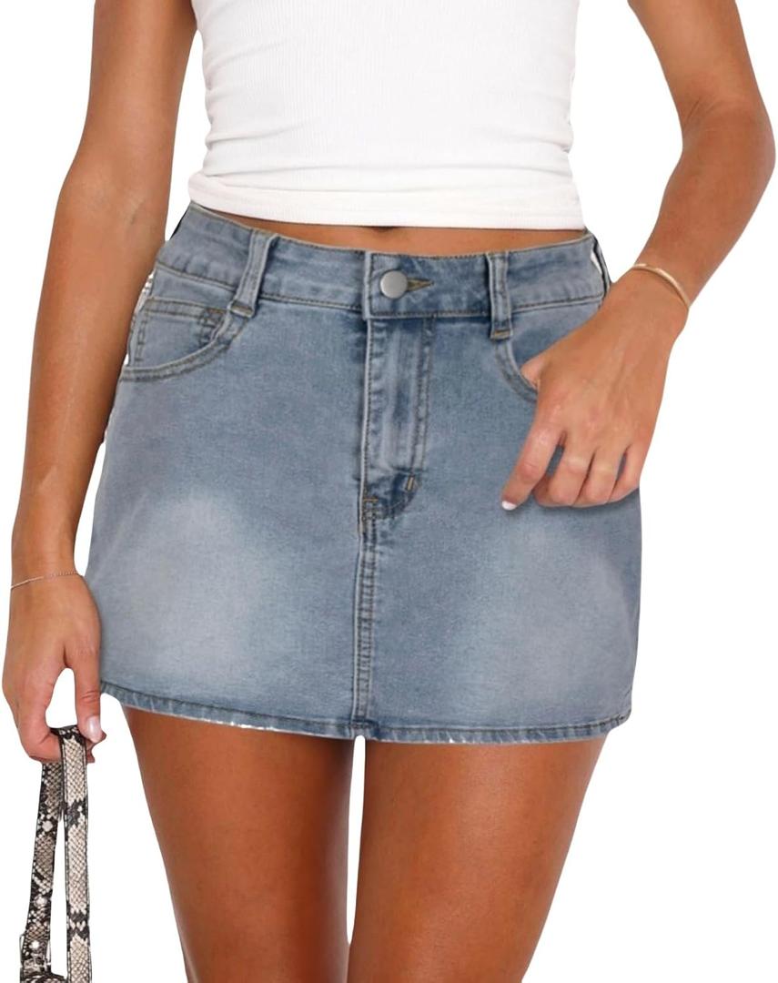 Women Low Rise Denim Mini Jean Skirt Stretchy Bodycon Fit Light Blue M (Blue, M)