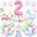 2nd Birthday Decoration for Girls,Easter Pastel Rainbow 2nd Balloon Number 2 Balloon Butterfly Stickers Star Heart Foil Balloons Banner for Baby 2 Year Old Party Decor