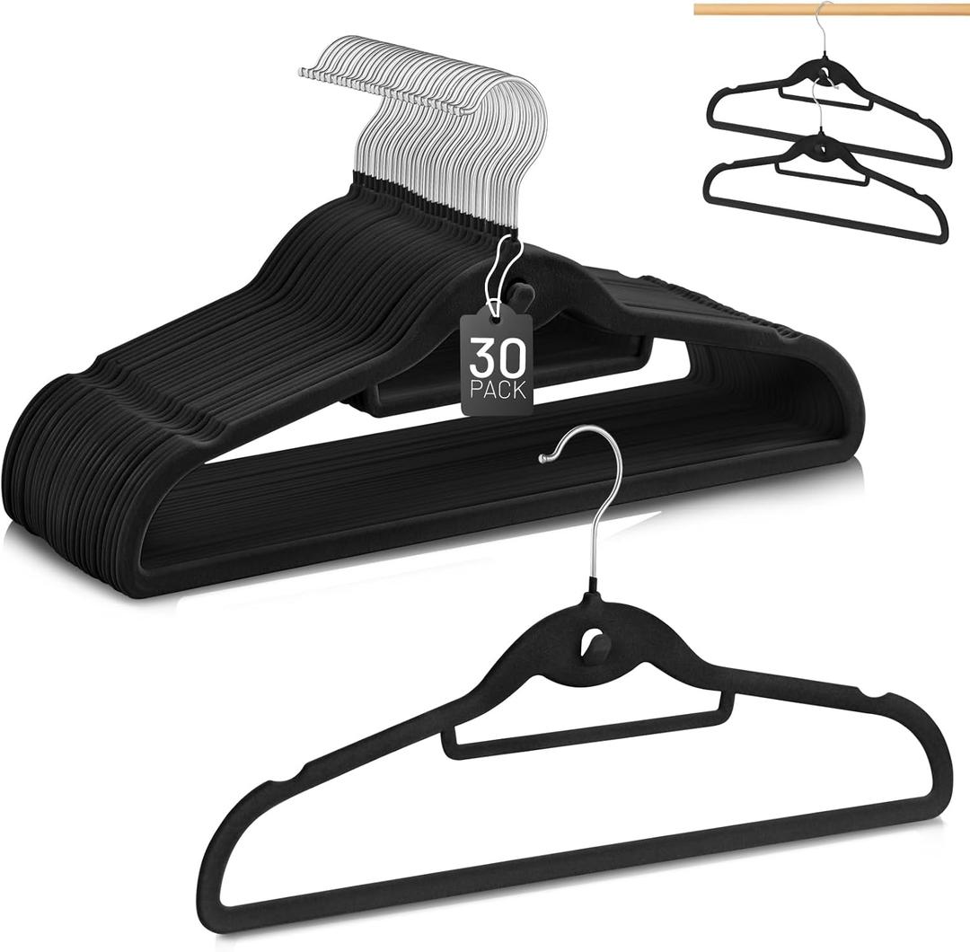 Velvet Stackable Hangers 30 Pack, STOPKLAS Black Clothes Hanger Non Slip Felt Hangers with 360° Swivel Hook, Thin Hanger Space Saving, Heavy Duty Closet Hanger for Clothes, Coats, Suits, Dress, Pants