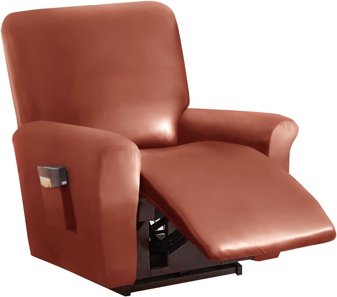 vctops 4 Pieces Waterproof Faux PU Leather Recliner Slipcovers Stretch Soft Sofa Couch Cover Anti-Slip Furniture Protector with Elastic Bottom for Kids Cats Dogs,(Orange,1 Seat)