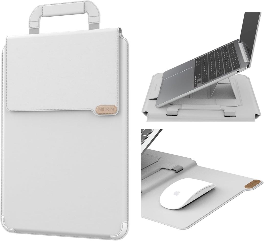 Nillkin Upgraded 12-14 Inch Laptop Sleeve Case for MacBook/Dell/HP/Lenovo/Asus, Unique Slim Travel Computer Bag with Adjustable Stand & Mouse Pad, Magnetic Handle, PU Leather, Gray