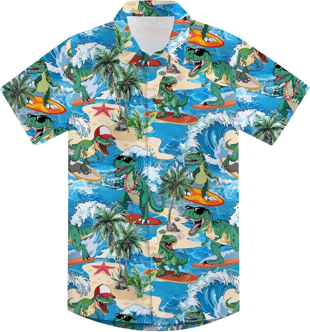 RAISEVERN 3-4T Boys Button Down Hawaiian Shirts Short Sleeve Cool Dress Shirt Tops (Dinosaur 01)