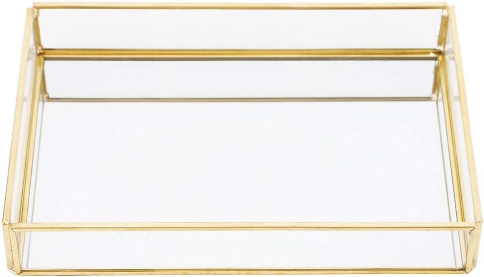 Glass Storage Box Rectangular Gold Rimmed Glass Storage Tray Vintage Cosmetics Storage Plate Jewelry Display Organizer for Women and Girl(7.9 x 5.5 in)