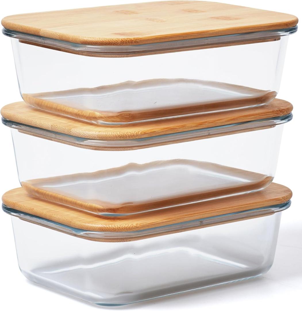 Prosumer's Choice Glass Containers with Bamboo Lids, 36oz - Set of 3 Stackable Food Storage with Wood Lids - Lunch Meal Prep Container Box - Made of Borosilicate Glass - with Silicone Ring