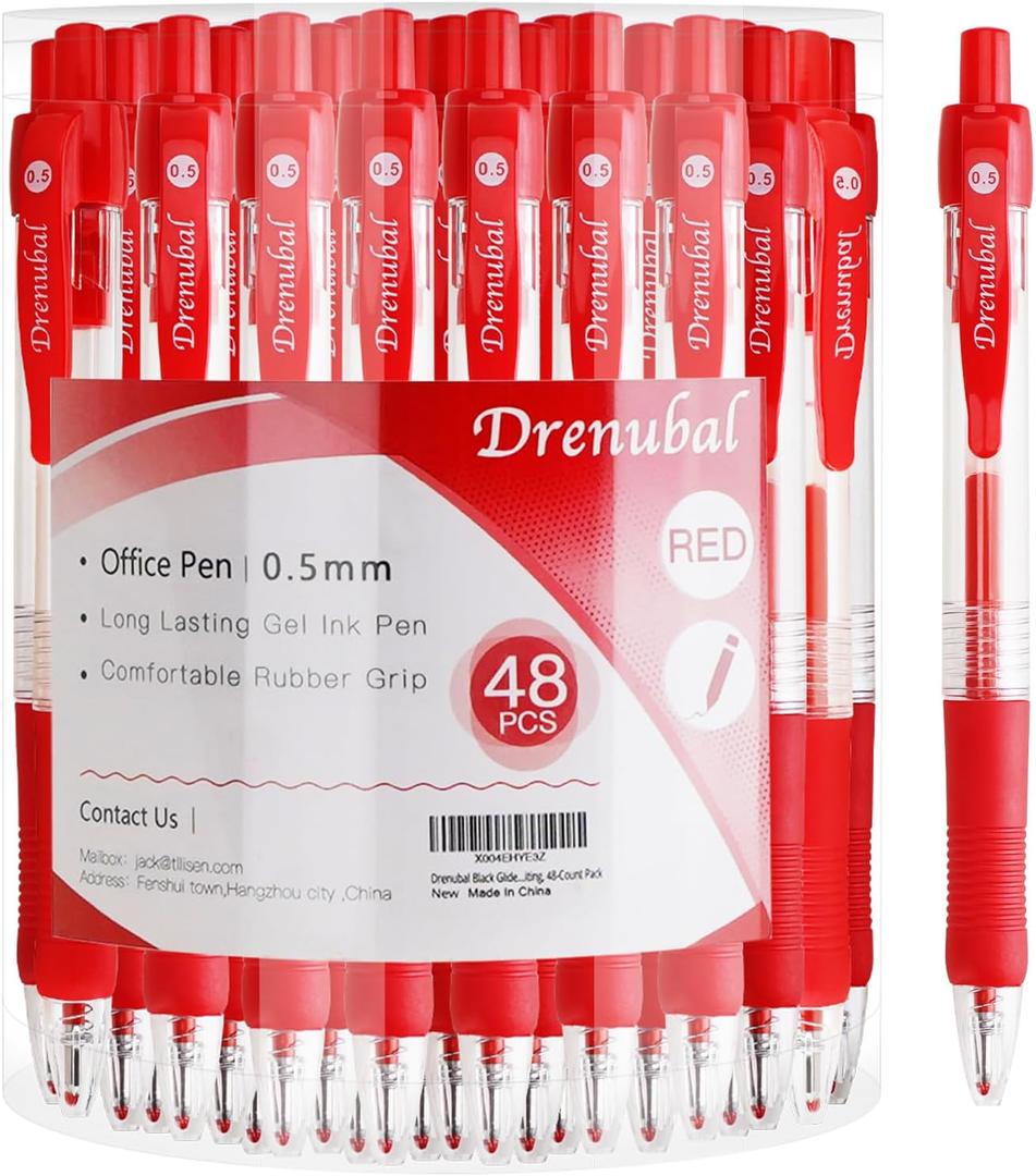 Drenubal Red Glide Retractable Ball Pens, Medium Point (0.5mm), Comfortable Rubber Grip For Writing, 48-Count Pack