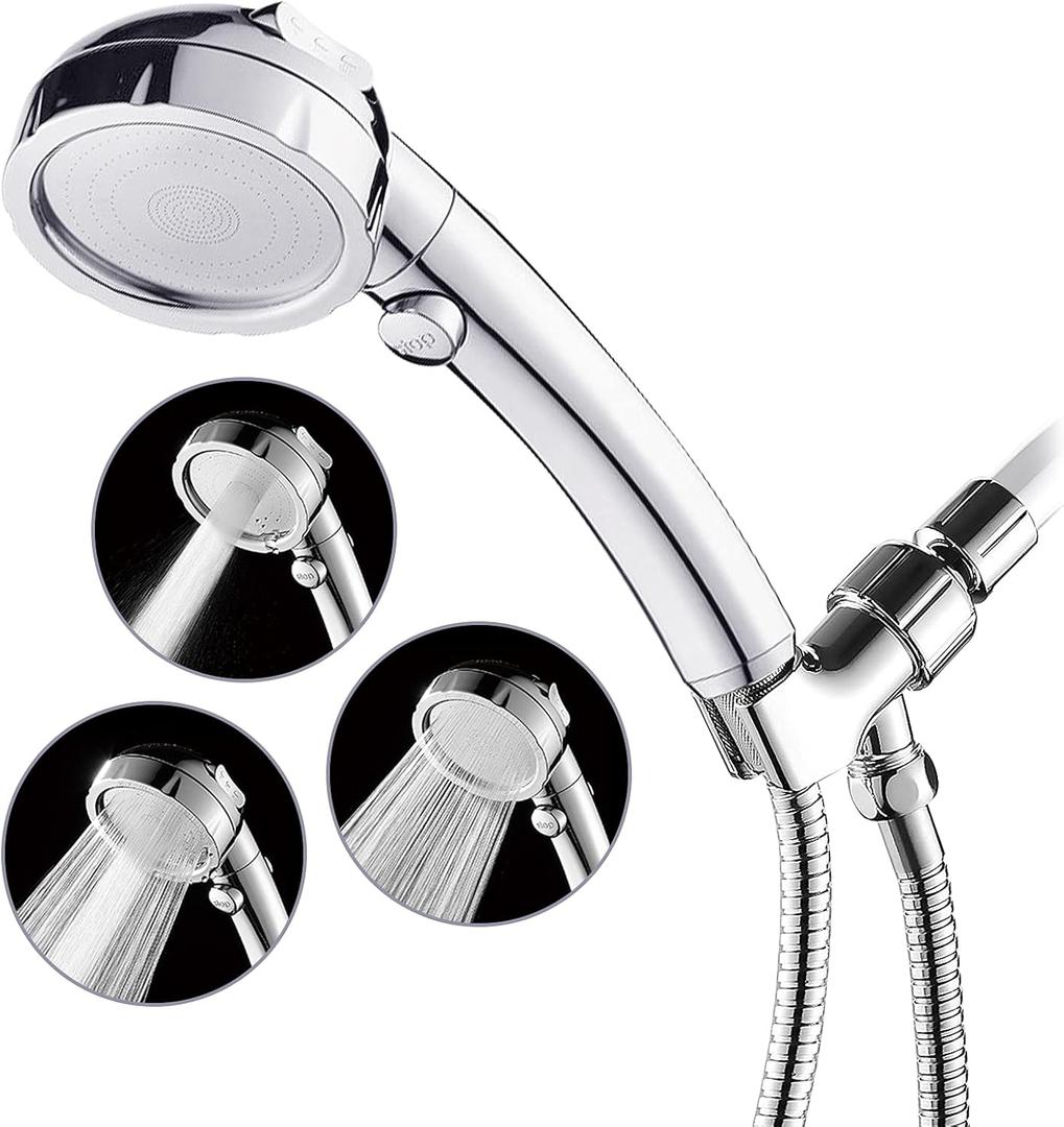 HANLIAN High Pressure Shower Head with Pause Function, 3 Spray Settings Handheld Shower Head with On Off Switch, Watersaving Detachable Showerhead with 5Ft Stainsteel Hose and ABS Bracket (Chrome)