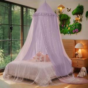 Eimilaly Princess Bed Canopy for Girls, Double Layer Canopy with Cutout Stars, Breathable Dream Canopy & Washable Purple Fabric, Fits Twin/Full Bed - Fairy Bed Tent for Kids Room Decor, Purple (25.6"W x 106.3"L)