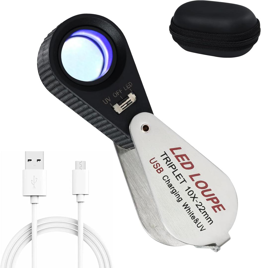 10x Jewelers Loupe with UV & LED Lights, Rechargeable 10x Loupe Magnifier 22mm Optical Glass Triplet Lens Jewelry Loupe, Foldaway Magnification for Jewelry Rocks Coins
