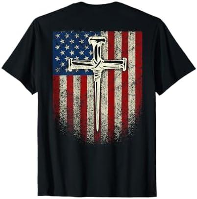 (Art on Back) American US Flag Cross Christian T-Shirt. (L, Black)  