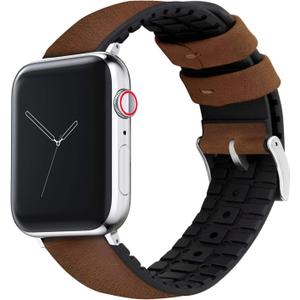 BARTON WATCH BANDS- Black Leather and Rubber Hybrid - Choose Color & Size - Compatible with All Apple Watches (Ultra, SE, 8, 7, 6, 5, 4, 3, 2, 1) - 38mm, 40mm, 41mm, 42mm, 44mm, 45mm, 49mm (Oak Brown Leather (Stainless Steel Buckle))