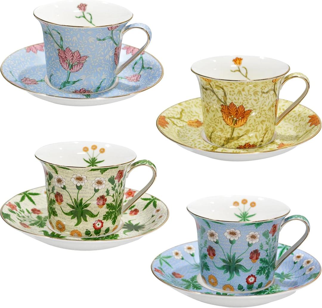ACMLIFE Bone China Tea Cups and Saucers Set of 4, Floral Tea Cup Set for Tea Party, 8.8 oz, with Gold Trim and Gift Box