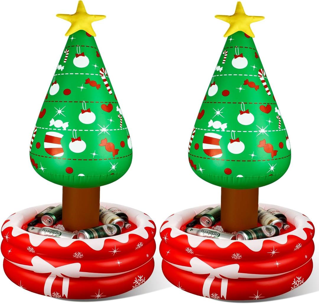 Jetec 2 Pack 4. 17 ft Christmas in July Inflatable Tree Outdoor Decoration Blow up Christmas Tree Cooler Beverage Drinking Cooler Star Treetop Container for Summer Pool Party Indoor Home Garden Lawn