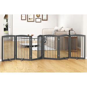 Freestanding Pet Gate with Door, Tall Dog Gate for House, Extra Wide, Pet Puppy Safety Fence, Support Feet Included, 120 Inch Wide, 6 Panels 32" Tall, Gray