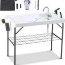 Dragosum Outdoor Sink Fish Cleaning Table Portable Camping Table with Faucet Hose Hook Up Grid Rack, Fish Fillet Camping Sink Table, Fish Cleaning Kit for Picnic Beach Patio (White & Black)