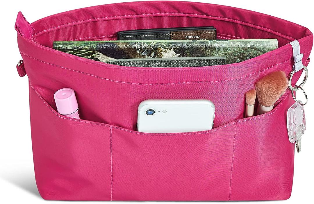 Vercord Premium Nylon Purse Organizer Tote Handbag Insert Organizers Bag in Bag Zipper 13 Pockets 5 Sizes (Medium, Rose)