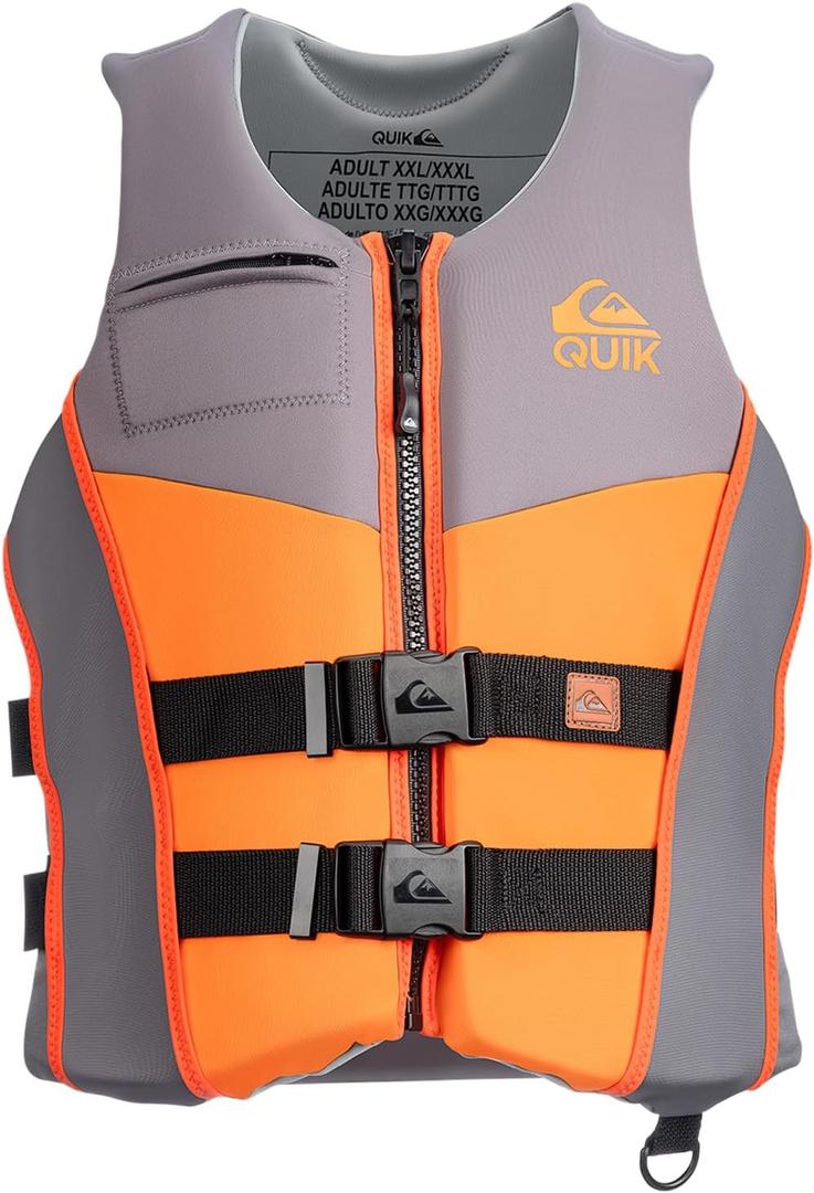 QUIKSILVER Men's Life Jacket, USCG and Transport Canada Approved Type III PFD, Evoprene UV Resistant Life Vest for Adults, for Waterskiing Wakeboarding Rafting Boating Paddleboarding Watersports, Orange, Small-Medium