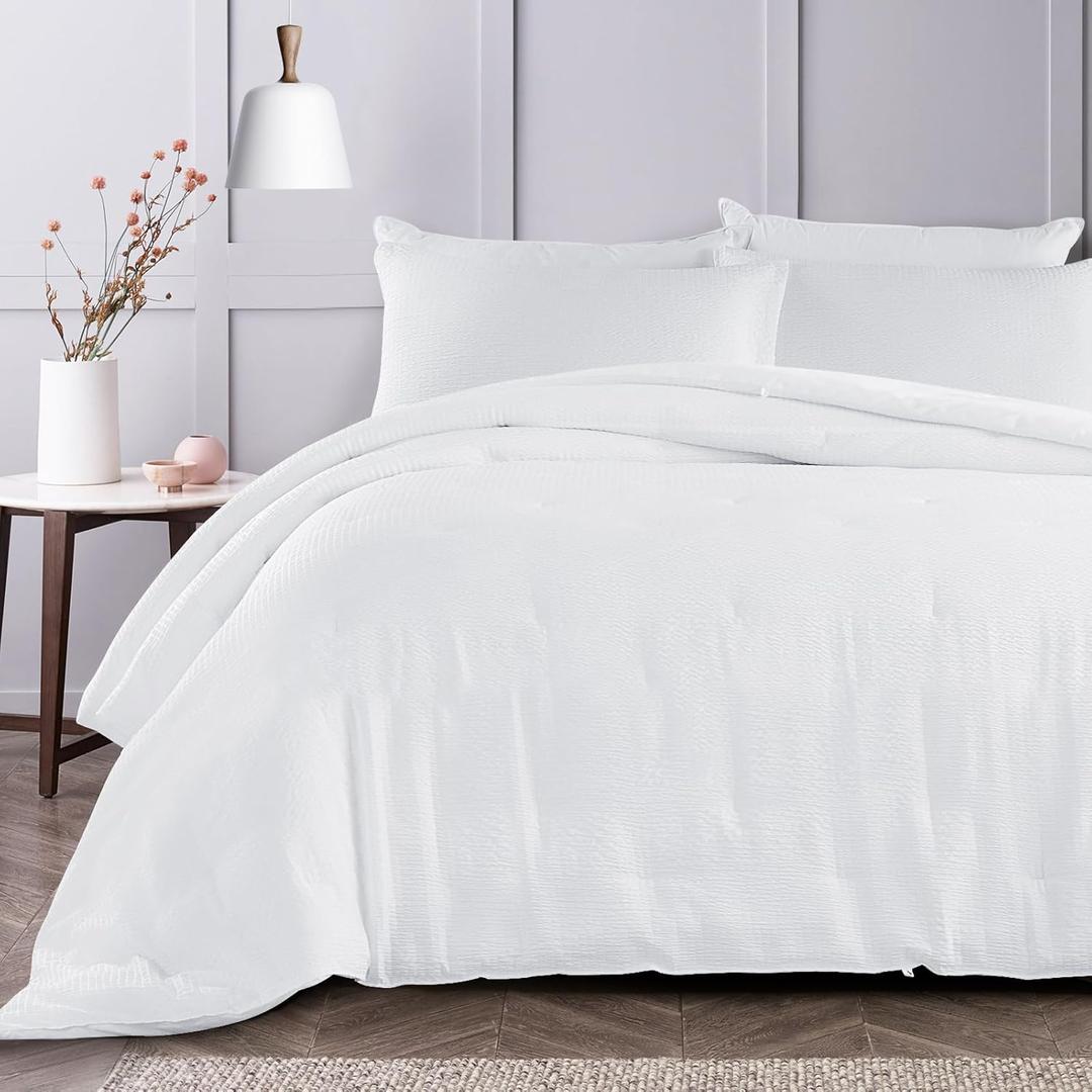 HOMBYS 3 Piece Seersucker Oversized King Comforter Set 98x120, Breathable White Soft Comforter Set, Lightweight Bedding Comforter Sets with Comforter for All Season