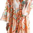 miduo Womens Summer Dress Casual V Neck Buttoned 3/4 Sleeve Bohemian Tribal Print Flowy Mini Dresses (Large, Orange)