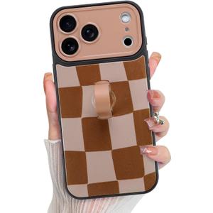 KANGHAR Compatible with iPhone 17 Pro Max Case 2025, Silicone Checkered Cute Pattern, Wristband Kickstand Camera Protection Soft Slim Cover for Girls Women -Brown